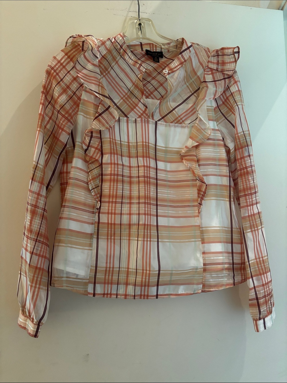 Anthropologie Current Air Sheer Plaid Ruffle Blouse - White, Peach, Tan